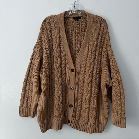 Quince 100% Organic Cotton Oversized Cable Cardigan Sweater Fisherman Camel XL - Picture 2 of 11